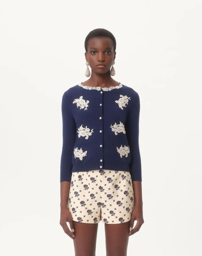 Valentino Knitwear Woman Embroidered Wool And Lace Cardigan For Woman In Ivorypink Ivorypink