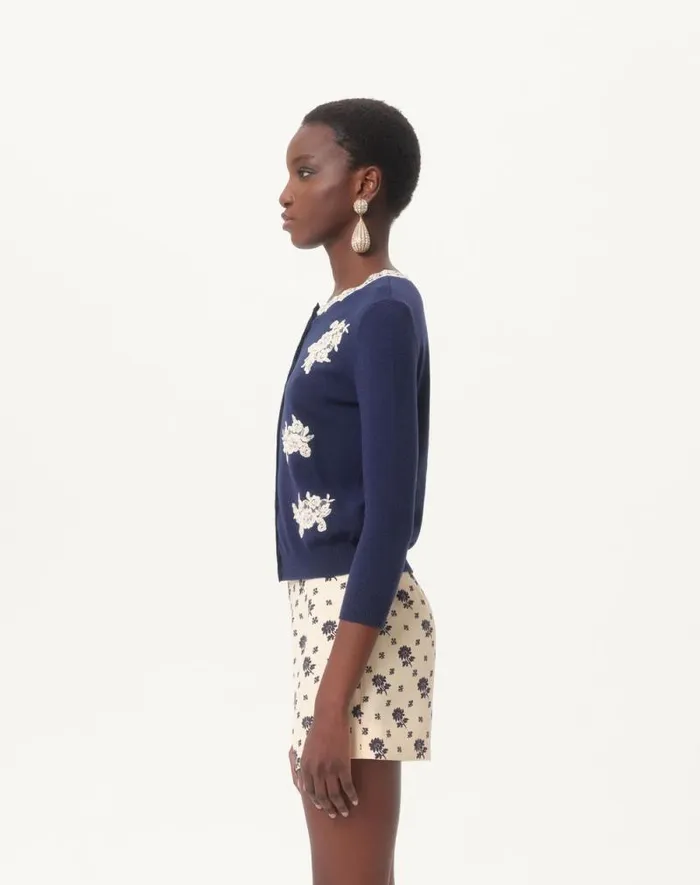 Valentino Knitwear Woman Embroidered Wool And Lace Cardigan For Woman In Ivorypink Ivorypink