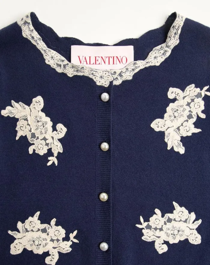Valentino Knitwear Woman Embroidered Wool And Lace Cardigan For Woman In Ivorypink Ivorypink