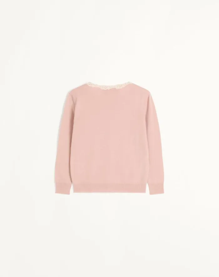 Valentino Knitwear Woman Embroidered Wool And Lace Cardigan For Woman In Ivorypink Ivorypink