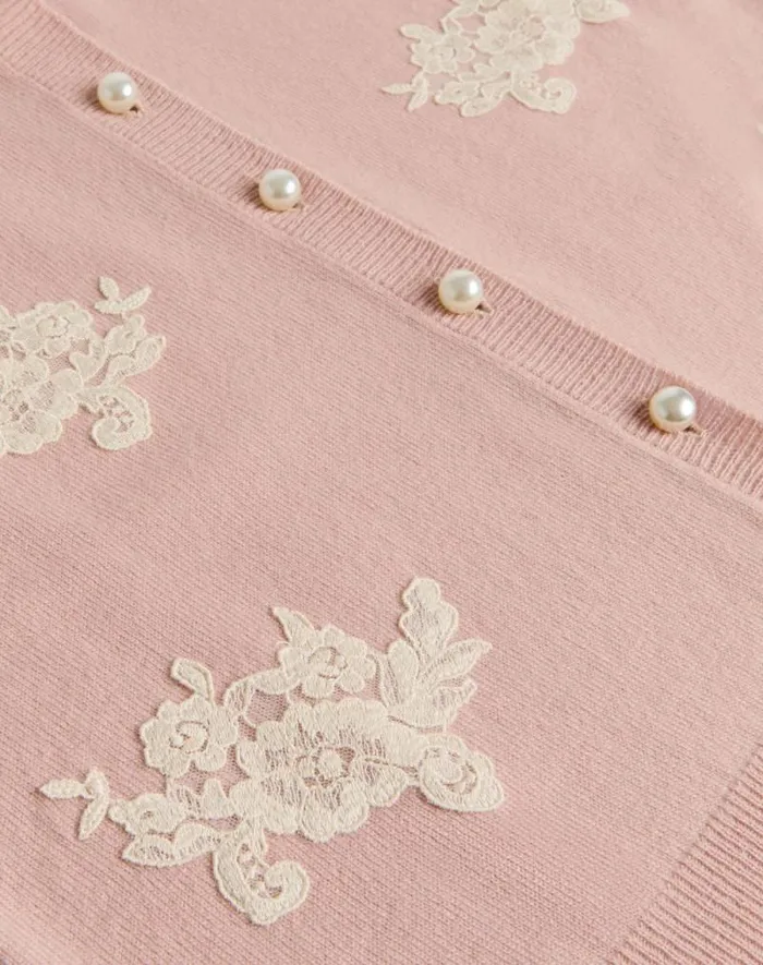 Valentino Knitwear Woman Embroidered Wool And Lace Cardigan For Woman In Ivorypink Ivorypink