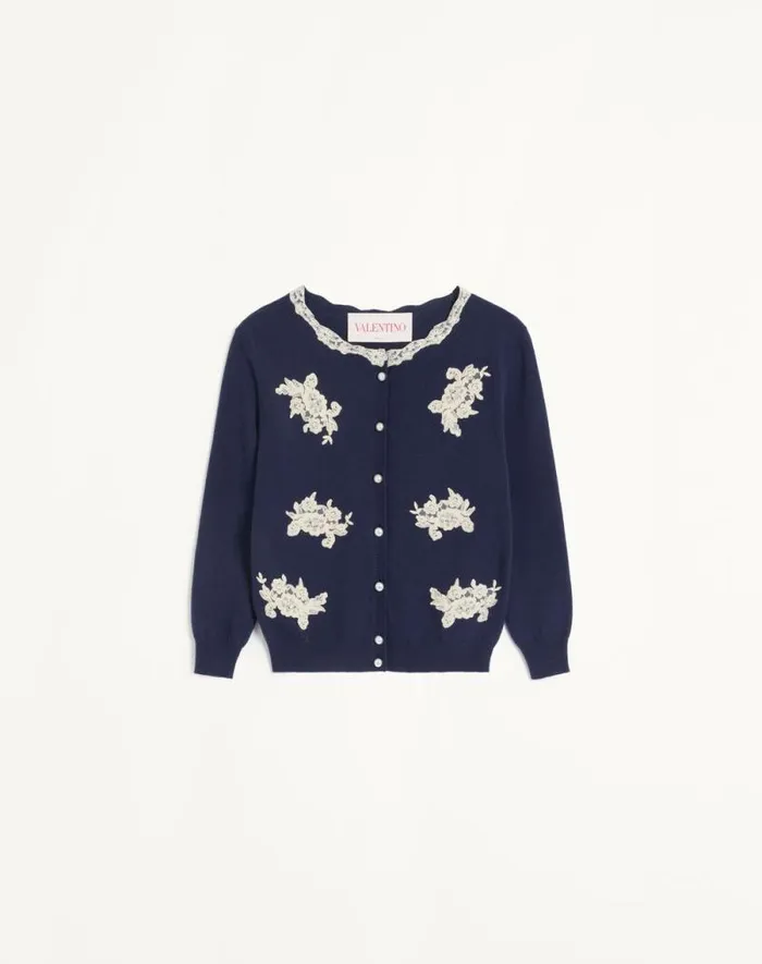 Valentino Knitwear Woman Embroidered Wool And Lace Cardigan For Woman In Ivorypink Ivorypink