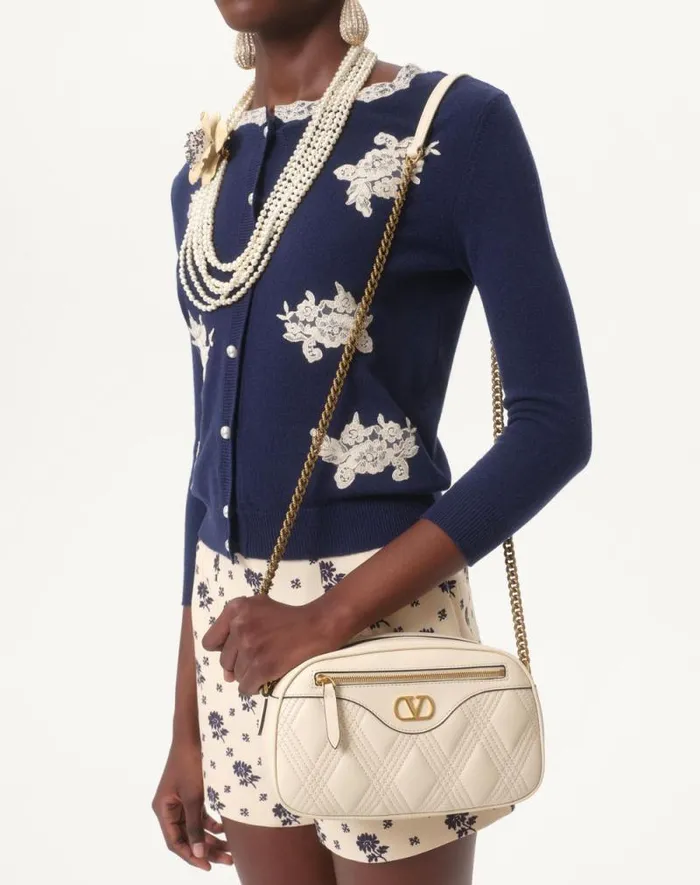 Valentino Knitwear Woman Embroidered Wool And Lace Cardigan For Woman In Ivorypink Ivorypink