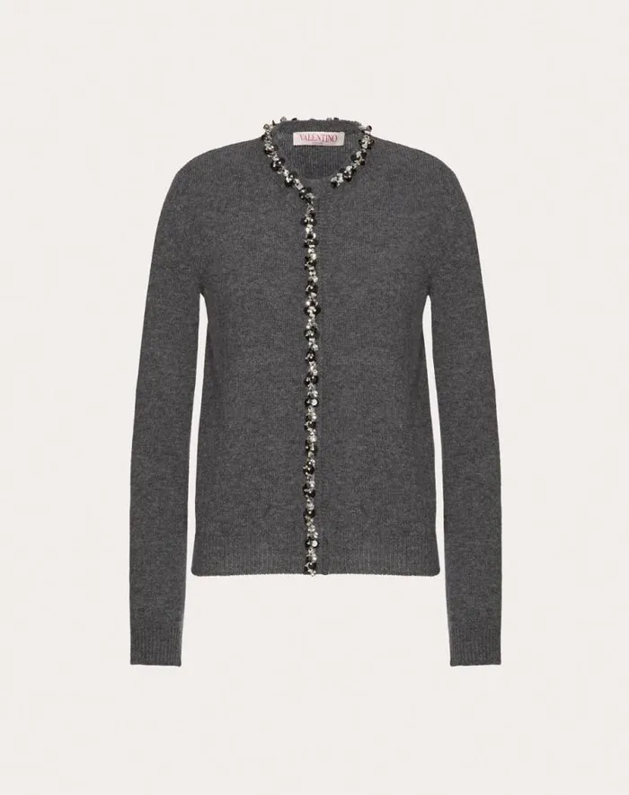 Valentino Knitwear Woman Embroidered Wool Cardigan For Woman In Dark Grey Dark Grey Valentino Knitwear Woman Embroidered Wool Cardigan For Woman In Dark Grey Dark Grey