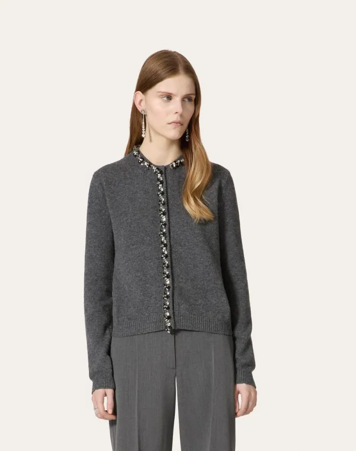 Valentino Knitwear Woman Embroidered Wool Cardigan For Woman In Dark Grey Dark Grey Valentino Knitwear Woman Embroidered Wool Cardigan For Woman In Dark Grey Dark Grey