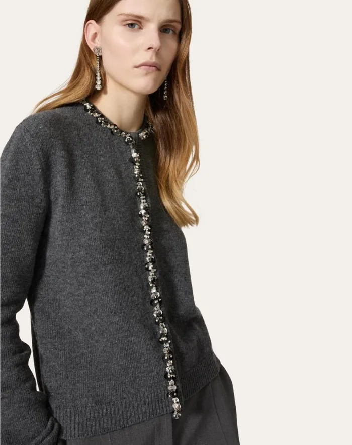 Valentino Knitwear Woman Embroidered Wool Cardigan For Woman In Dark Grey Dark Grey Valentino Knitwear Woman Embroidered Wool Cardigan For Woman In Dark Grey Dark Grey