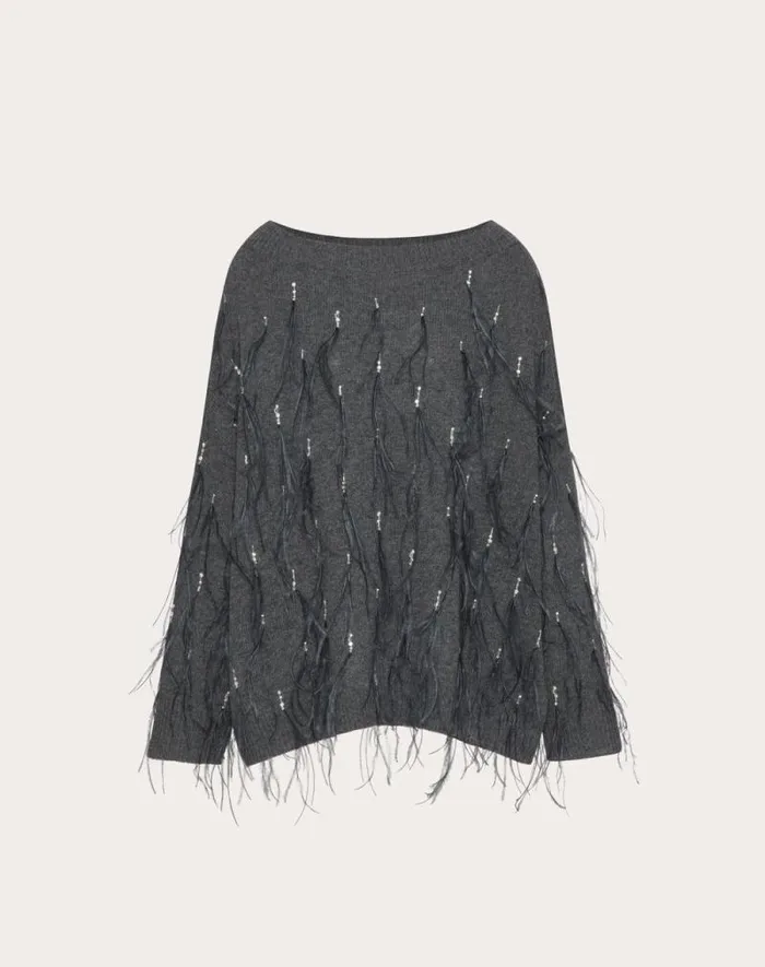 Valentino Knitwear Woman Embroidered Wool Sweater With Feathers For Woman In Dark Grey Dark Grey Valentino Knitwear Woman Embroidered Wool Sweater With Feathers For Woman In Dark Grey Dark Grey