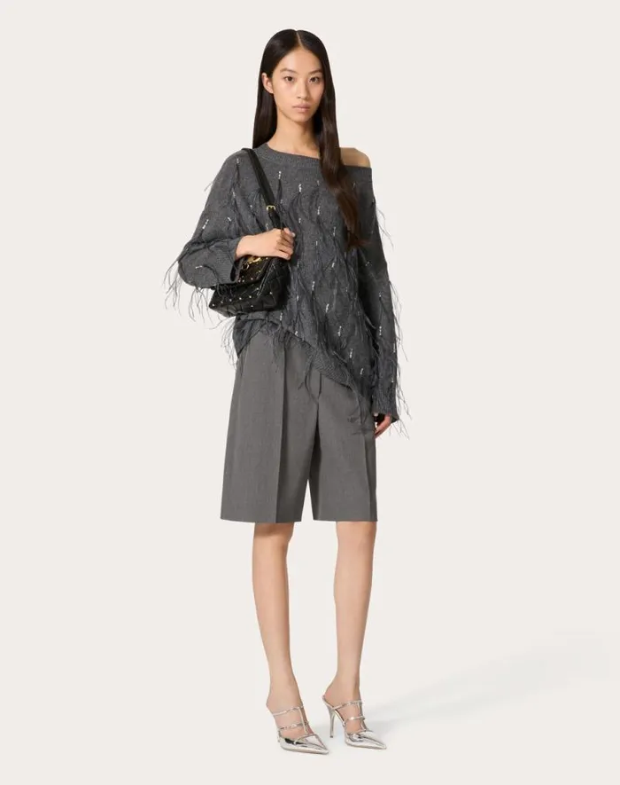 Valentino Knitwear Woman Embroidered Wool Sweater With Feathers For Woman In Dark Grey Dark Grey Valentino Knitwear Woman Embroidered Wool Sweater With Feathers For Woman In Dark Grey Dark Grey
