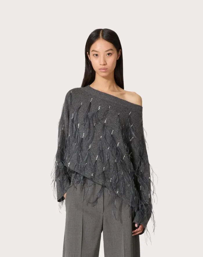 Valentino Knitwear Woman Embroidered Wool Sweater With Feathers For Woman In Dark Grey Dark Grey Valentino Knitwear Woman Embroidered Wool Sweater With Feathers For Woman In Dark Grey Dark Grey