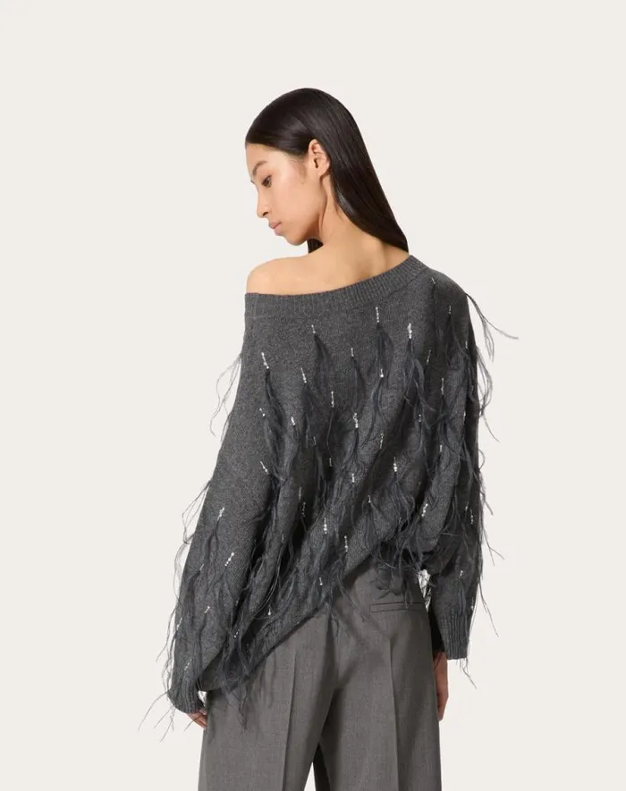 Valentino Knitwear Woman Embroidered Wool Sweater With Feathers For Woman In Dark Grey Dark Grey Valentino Knitwear Woman Embroidered Wool Sweater With Feathers For Woman In Dark Grey Dark Grey