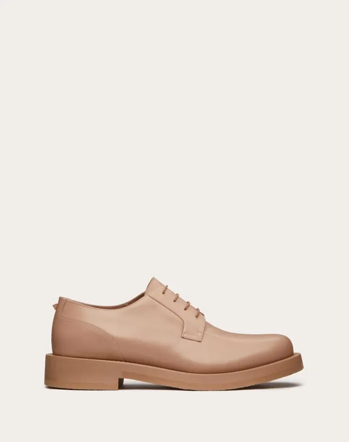 Valentino Laceups And Loafers Man Rockstud Essential Calf Leather Derby For Man In Rose Cannelle Rose Cannelle