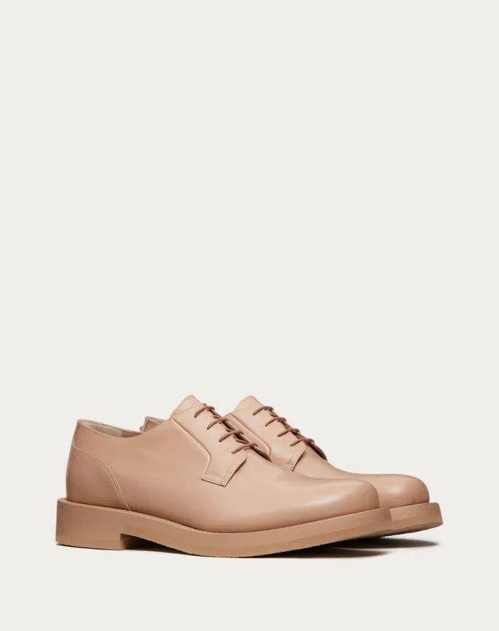 Valentino Laceups And Loafers Man Rockstud Essential Calf Leather Derby For Man In Rose Cannelle Rose Cannelle