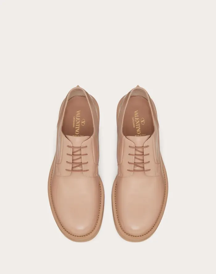 Valentino Laceups And Loafers Man Rockstud Essential Calf Leather Derby For Man In Rose Cannelle Rose Cannelle