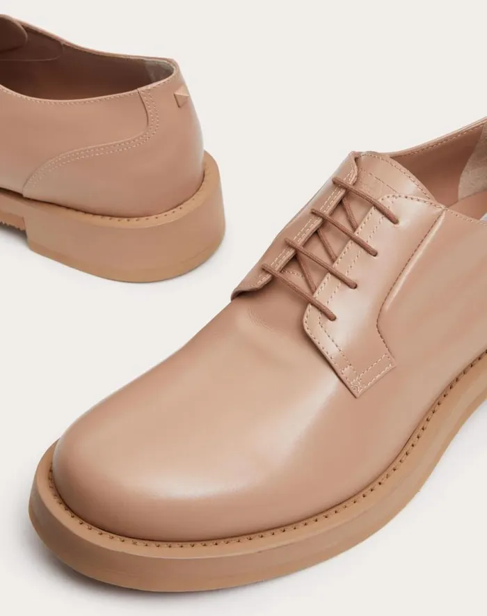 Valentino Laceups And Loafers Man Rockstud Essential Calf Leather Derby For Man In Rose Cannelle Rose Cannelle