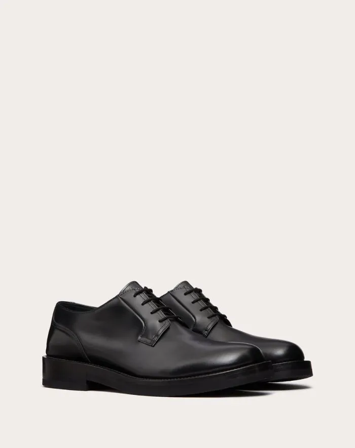 Valentino Laceups And Loafers Man Rockstud Essential Calf Leather Derby For Man In Rose Cannelle Rose Cannelle