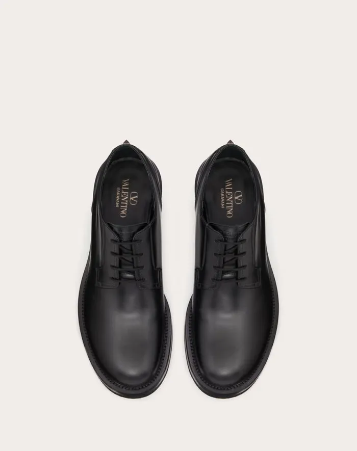 Valentino Laceups And Loafers Man Rockstud Essential Calf Leather Derby For Man In Rose Cannelle Rose Cannelle