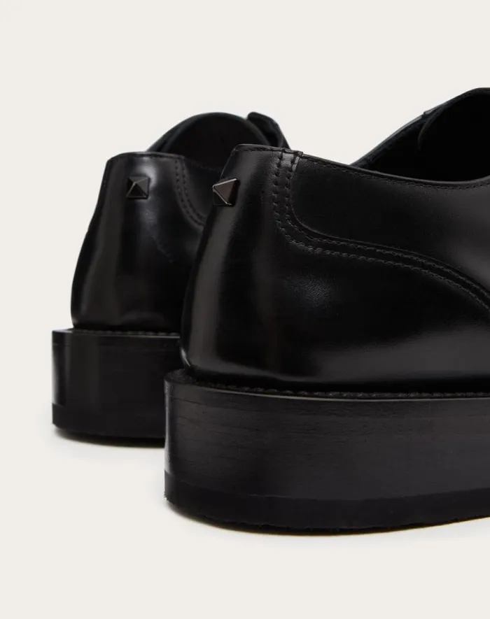 Valentino Laceups And Loafers Man Rockstud Essential Calf Leather Derby For Man In Rose Cannelle Rose Cannelle