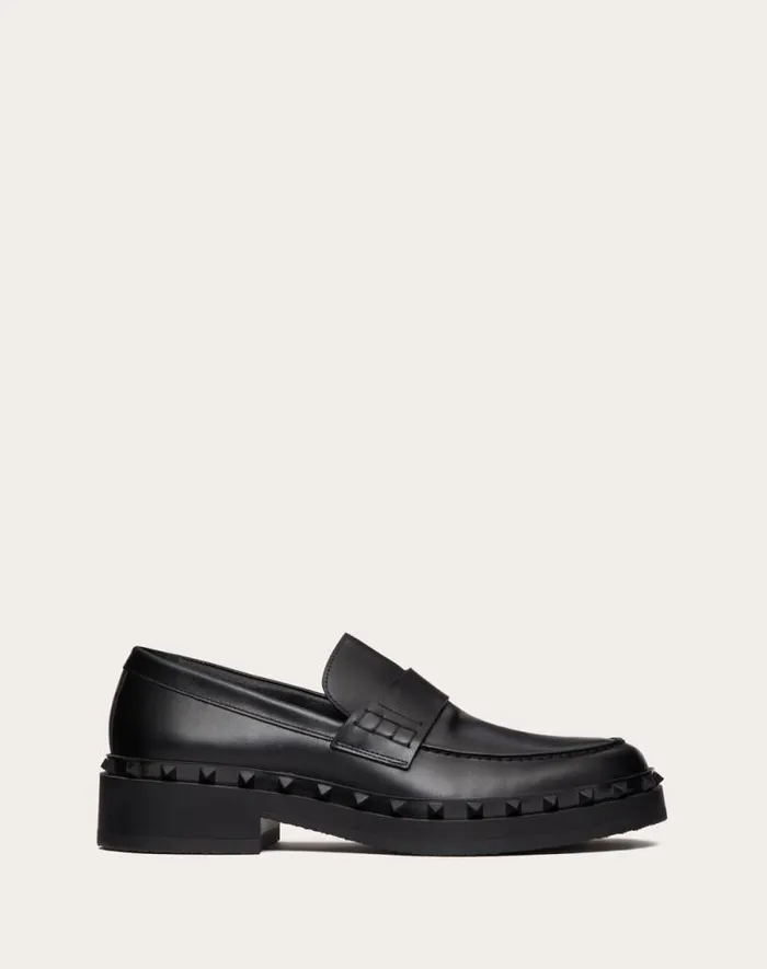 Valentino Laceups And Loafers Man Rockstud Mway Calfskin Loafer For Man In Black Black Valentino Laceups And Loafers Man Rockstud Mway Calfskin Loafer For Man In Black Black