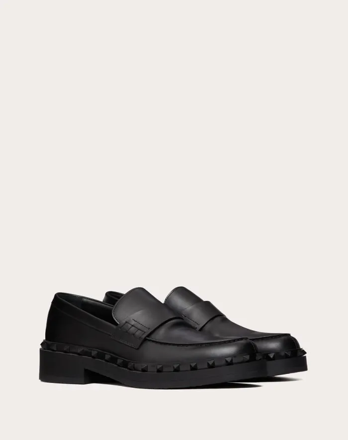 Valentino Laceups And Loafers Man Rockstud Mway Calfskin Loafer For Man In Black Black Valentino Laceups And Loafers Man Rockstud Mway Calfskin Loafer For Man In Black Black