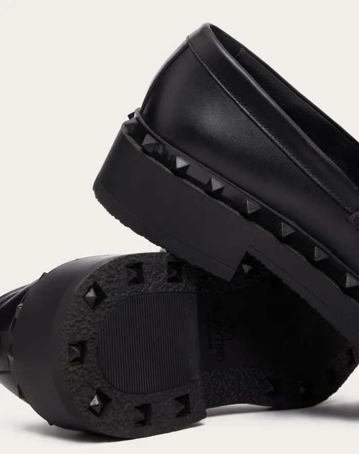 Valentino Laceups And Loafers Man Rockstud Mway Calfskin Loafer For Man In Black Black Valentino Laceups And Loafers Man Rockstud Mway Calfskin Loafer For Man In Black Black