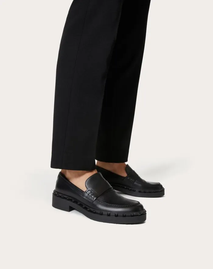Valentino Laceups And Loafers Man Rockstud Mway Calfskin Loafer For Man In Black Black Valentino Laceups And Loafers Man Rockstud Mway Calfskin Loafer For Man In Black Black