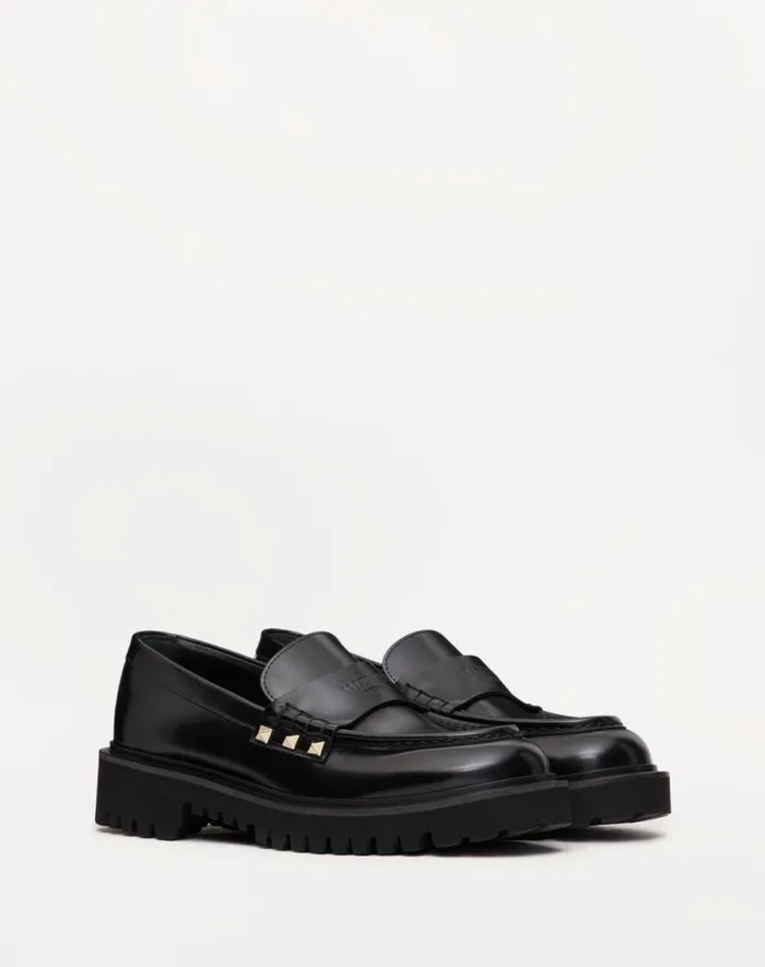 Valentino Loafers And Oxfords Woman Rockstud Calfskin Loafer For Woman In Black Black Valentino Loafers And Oxfords Woman Rockstud Calfskin Loafer For Woman In Black Black
