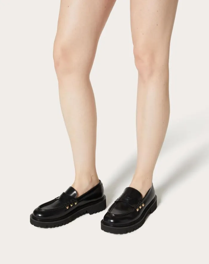 Valentino Loafers And Oxfords Woman Rockstud Calfskin Loafer For Woman In Black Black Valentino Loafers And Oxfords Woman Rockstud Calfskin Loafer For Woman In Black Black