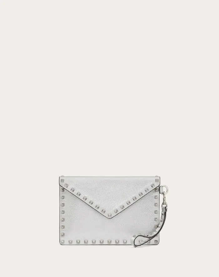 Valentino Mini Bags Woman Rockstud Metallic Grainy Calfskin Clutch Bag For Woman In Silver Silver Valentino Mini Bags Woman Rockstud Metallic Grainy Calfskin Clutch Bag For Woman In Silver Silver