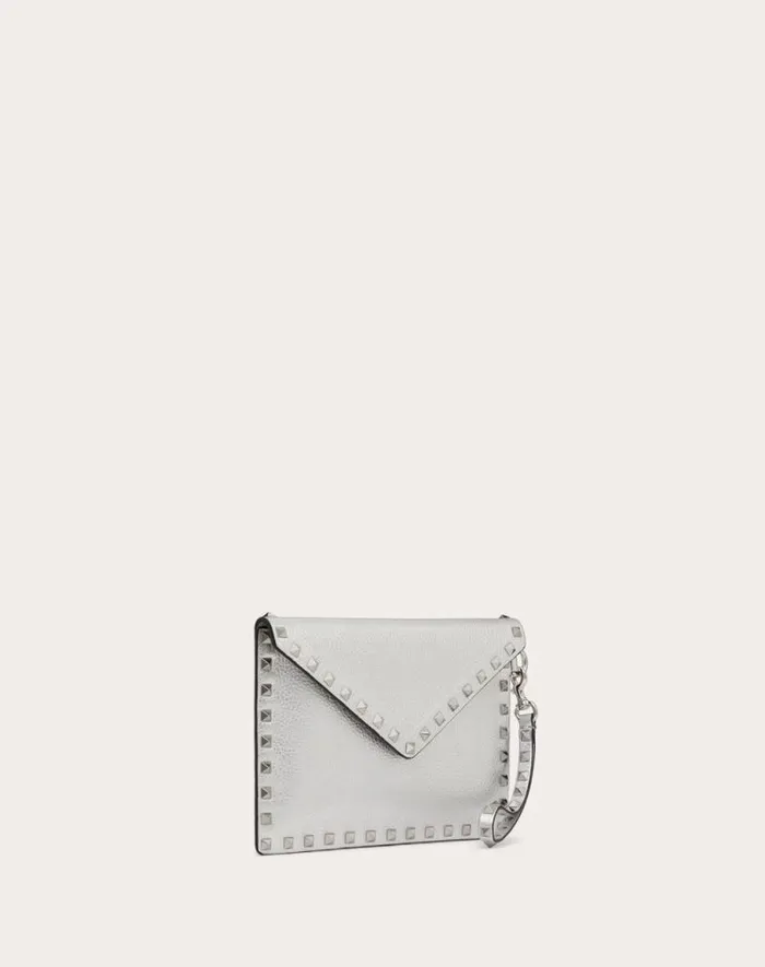 Valentino Mini Bags Woman Rockstud Metallic Grainy Calfskin Clutch Bag For Woman In Silver Silver