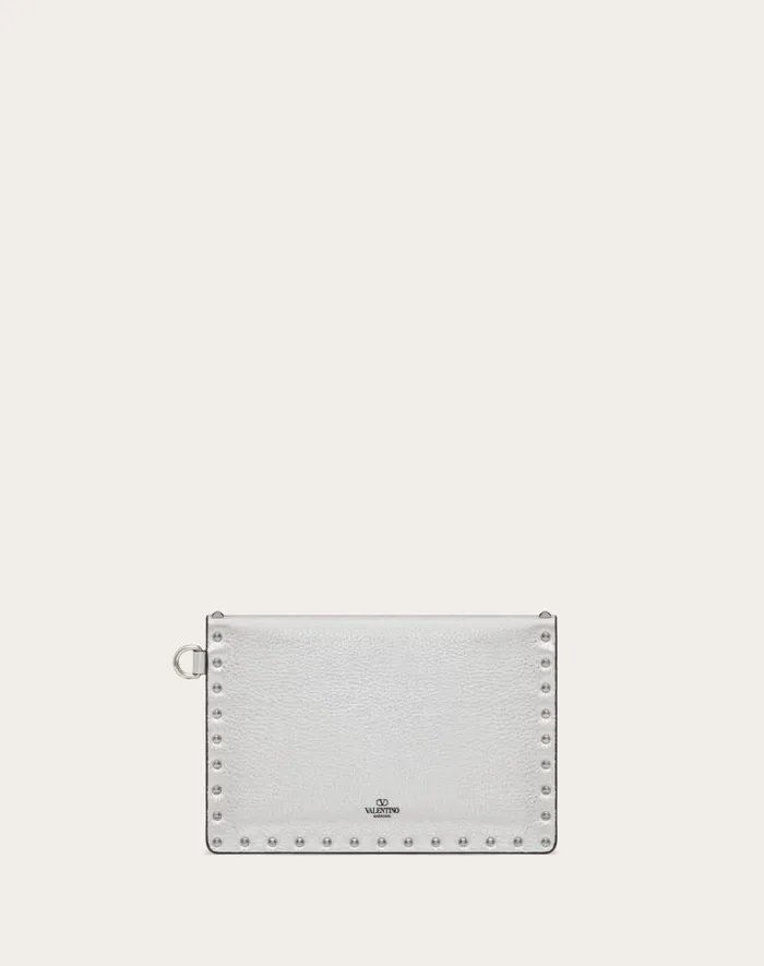 Valentino Mini Bags Woman Rockstud Metallic Grainy Calfskin Clutch Bag For Woman In Silver Silver