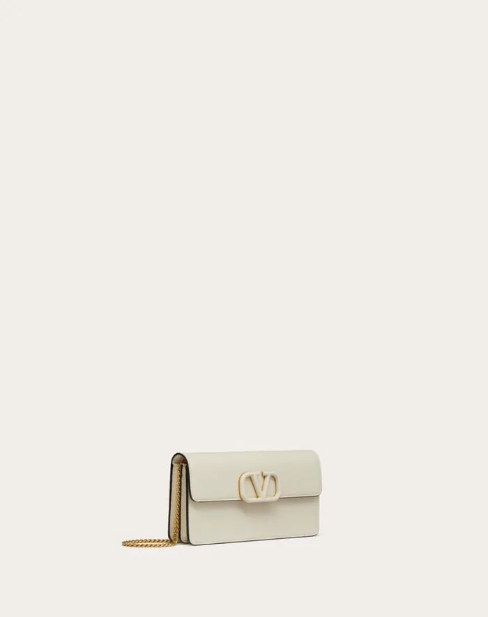 Valentino Mini Bags Woman Vlogo Signature Grainy Calfskin Wallet With Chain For Woman In Black Black