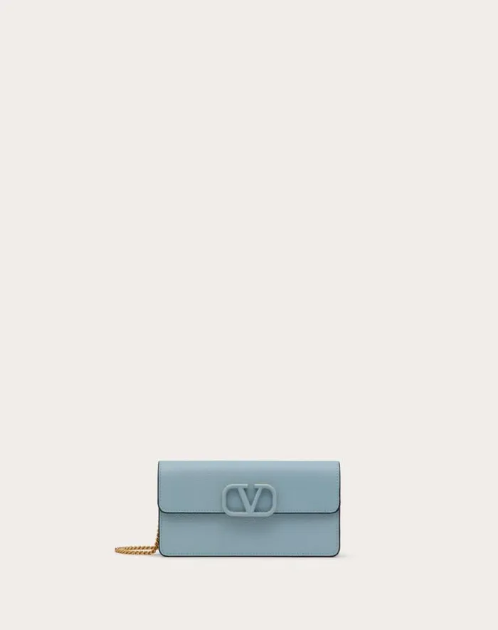 Valentino Mini Bags Woman Vlogo Signature Grainy Calfskin Wallet With Chain For Woman In Black Black