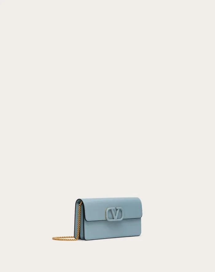 Valentino Mini Bags Woman Vlogo Signature Grainy Calfskin Wallet With Chain For Woman In Black Black