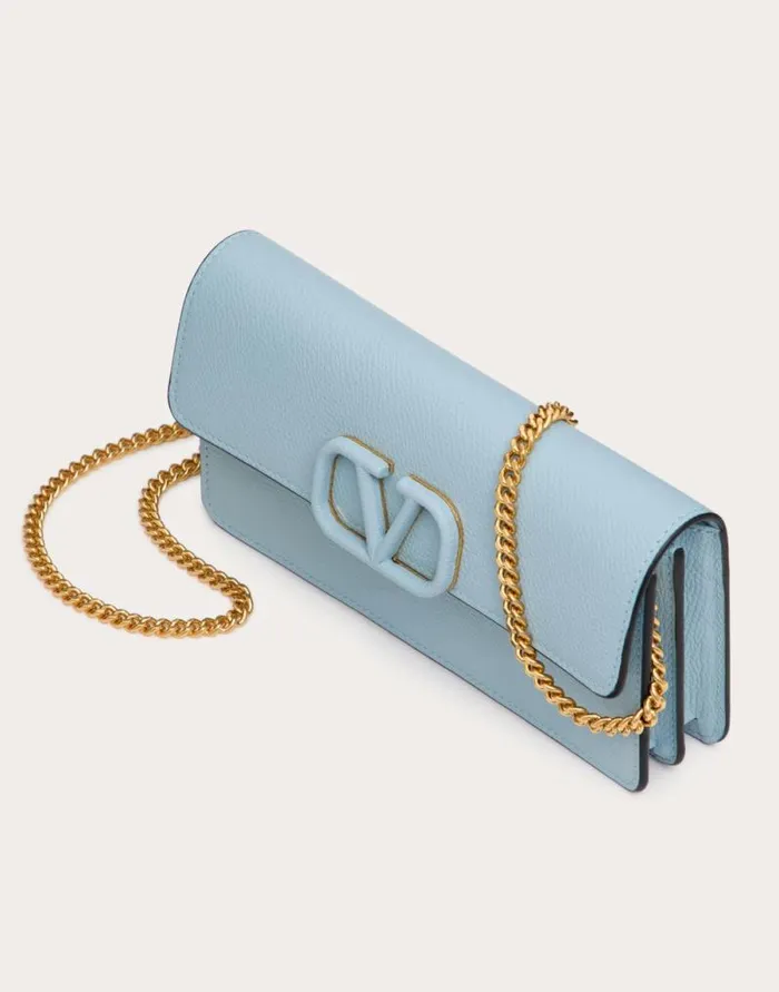 Valentino Mini Bags Woman Vlogo Signature Grainy Calfskin Wallet With Chain For Woman In Black Black