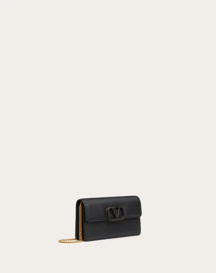 Valentino Mini Bags Woman Vlogo Signature Grainy Calfskin Wallet With Chain For Woman In Black Black