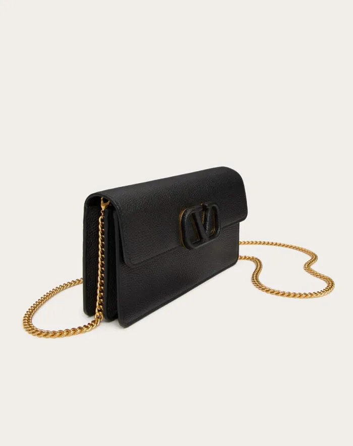 Valentino Mini Bags Woman Vlogo Signature Grainy Calfskin Wallet With Chain For Woman In Black Black
