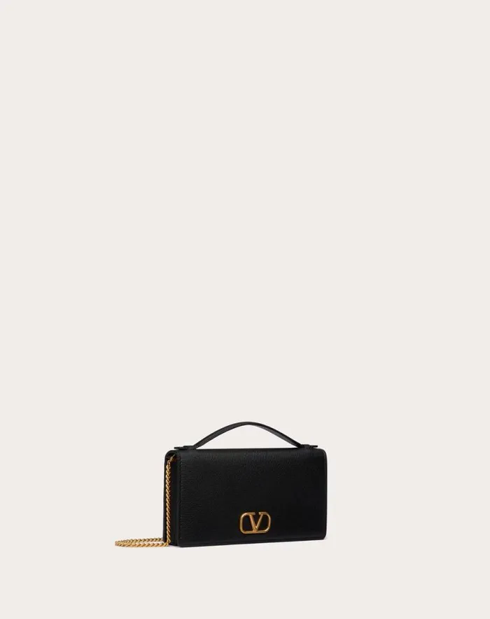 Valentino Mini Bags Woman Vlogo Signature Grainy Calfskin Wallet With Chain For Woman In Black Black