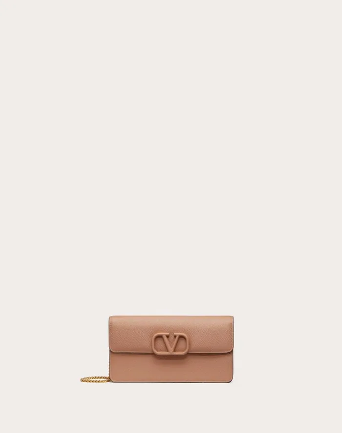 Valentino Mini Bags Woman Vlogo Signature Grainy Calfskin Wallet With Chain For Woman In Black Black