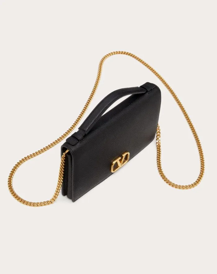 Valentino Mini Bags Woman Vlogo Signature Grainy Calfskin Wallet With Chain For Woman In Black Black