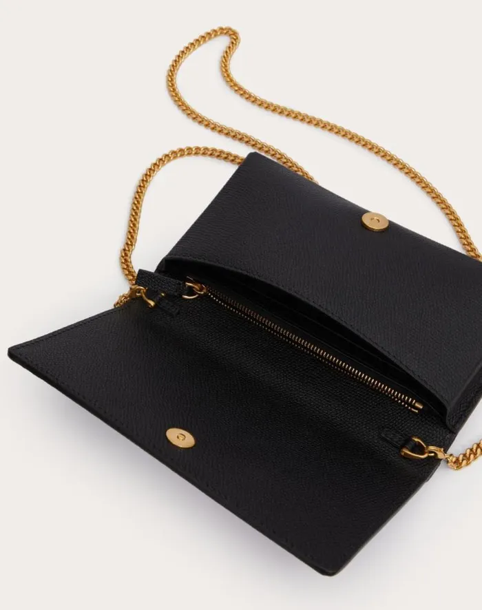 Valentino Mini Bags Woman Vlogo Signature Grainy Calfskin Wallet With Chain For Woman In Black Black