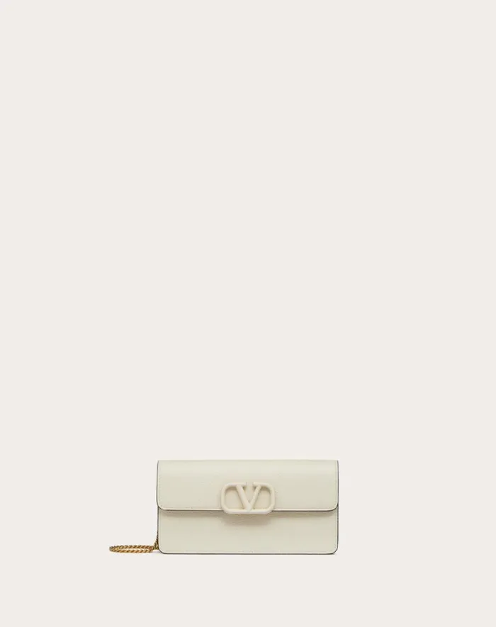 Valentino Mini Bags Woman Vlogo Signature Grainy Calfskin Wallet With Chain For Woman In Black Black