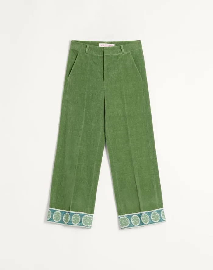 Valentino Pants And Shorts Man Washed Cottonlinen Velvet Pants With Jacquard Hems For Man In Laurel Laurel Valentino Pants And Shorts Man Washed Cottonlinen Velvet Pants With Jacquard Hems For Man In Laurel Laurel