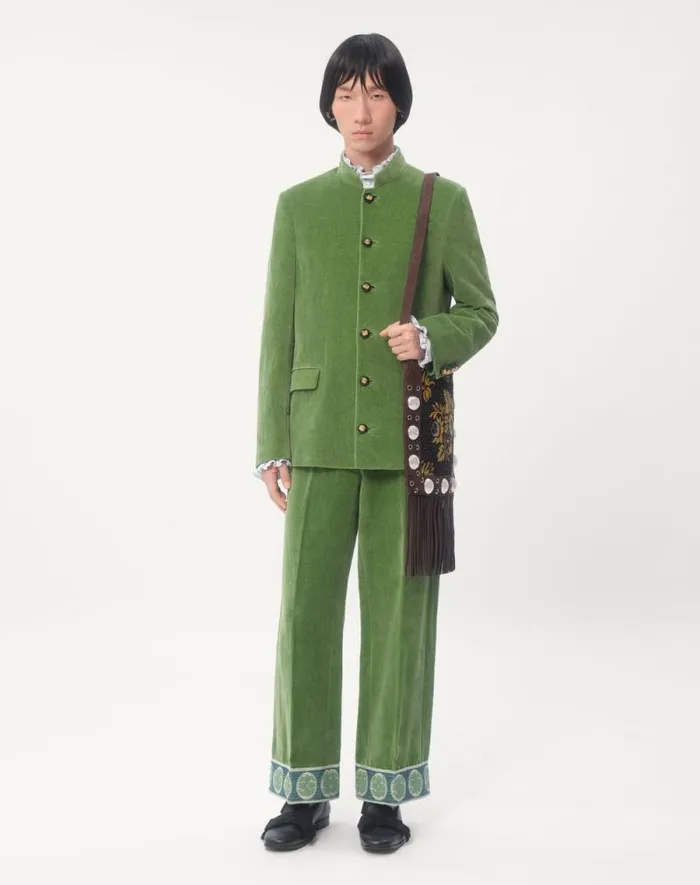 Valentino Pants And Shorts Man Washed Cottonlinen Velvet Pants With Jacquard Hems For Man In Laurel Laurel Valentino Pants And Shorts Man Washed Cottonlinen Velvet Pants With Jacquard Hems For Man In Laurel Laurel