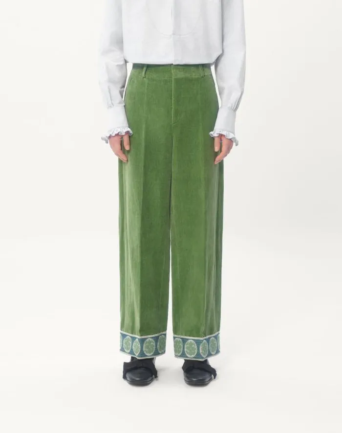 Valentino Pants And Shorts Man Washed Cottonlinen Velvet Pants With Jacquard Hems For Man In Laurel Laurel Valentino Pants And Shorts Man Washed Cottonlinen Velvet Pants With Jacquard Hems For Man In Laurel Laurel