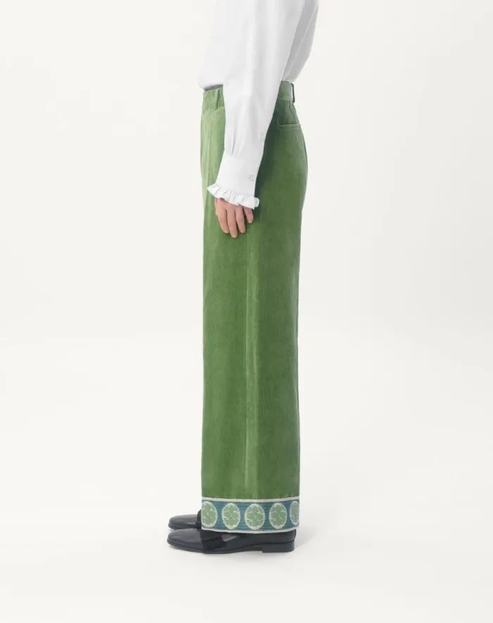 Valentino Pants And Shorts Man Washed Cottonlinen Velvet Pants With Jacquard Hems For Man In Laurel Laurel Valentino Pants And Shorts Man Washed Cottonlinen Velvet Pants With Jacquard Hems For Man In Laurel Laurel