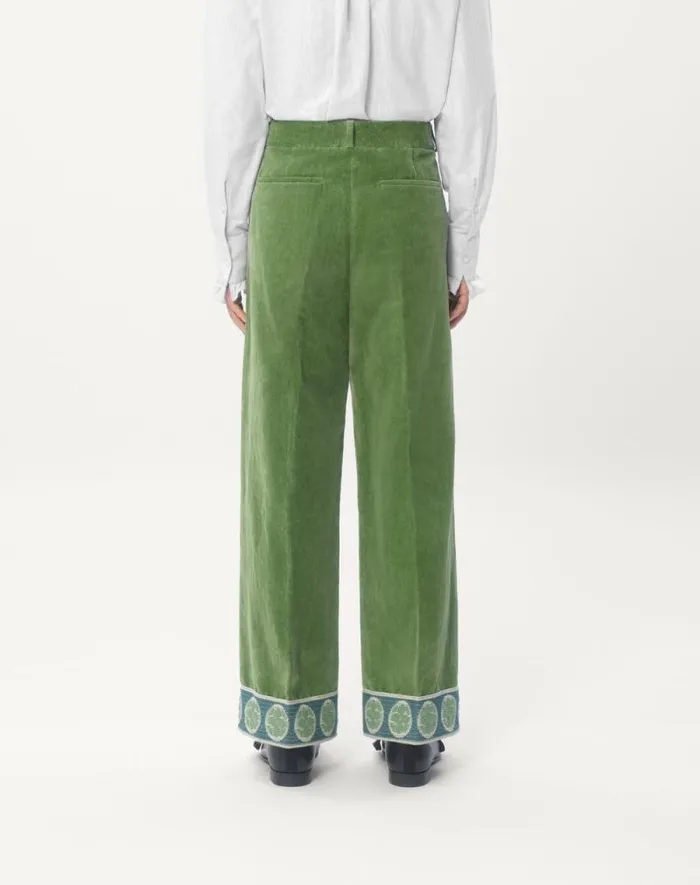 Valentino Pants And Shorts Man Washed Cottonlinen Velvet Pants With Jacquard Hems For Man In Laurel Laurel Valentino Pants And Shorts Man Washed Cottonlinen Velvet Pants With Jacquard Hems For Man In Laurel Laurel