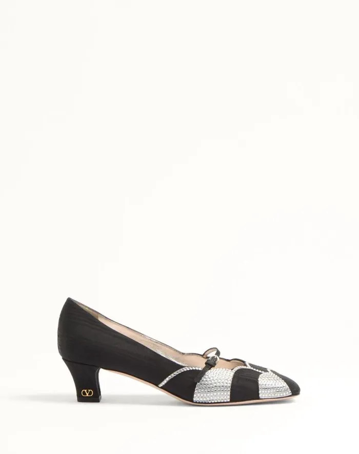 Valentino Pumps Woman Bowow Pumps In Moir Fabric With Crystals 45mm For Woman In Blacksilver Blacksilver Valentino Pumps Woman Bowow Pumps In Moir Fabric With Crystals 45mm For Woman In Blacksilver Blacksilver