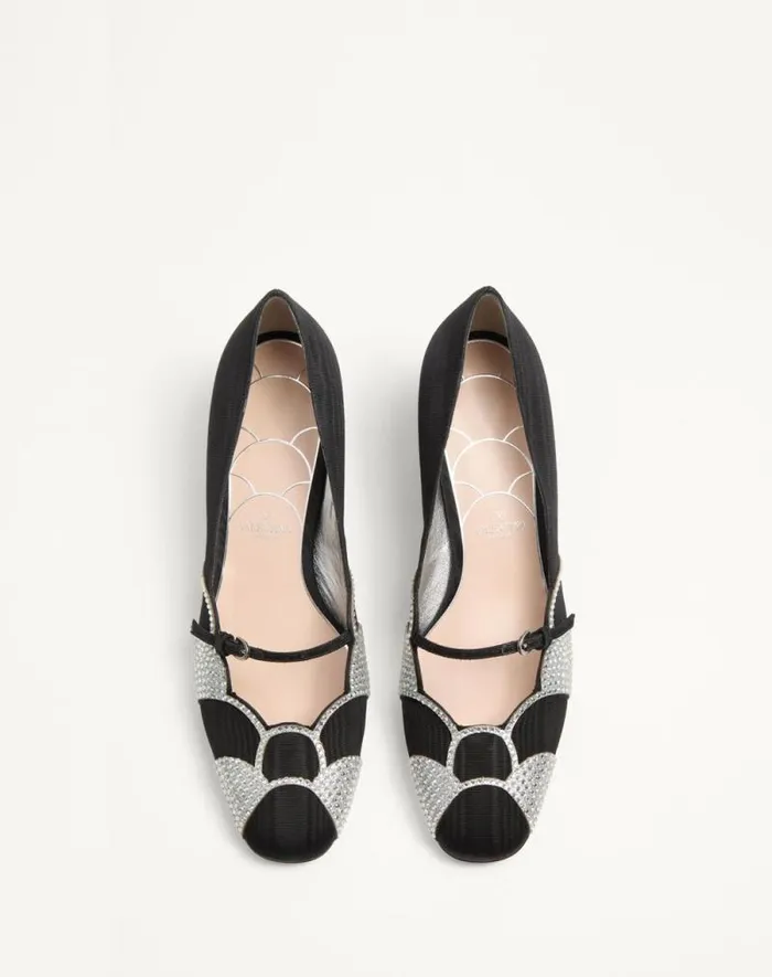 Valentino Pumps Woman Bowow Pumps In Moir Fabric With Crystals 45mm For Woman In Blacksilver Blacksilver Valentino Pumps Woman Bowow Pumps In Moir Fabric With Crystals 45mm For Woman In Blacksilver Blacksilver