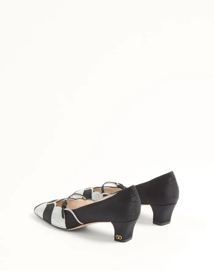 Valentino Pumps Woman Bowow Pumps In Moir Fabric With Crystals 45mm For Woman In Blacksilver Blacksilver Valentino Pumps Woman Bowow Pumps In Moir Fabric With Crystals 45mm For Woman In Blacksilver Blacksilver