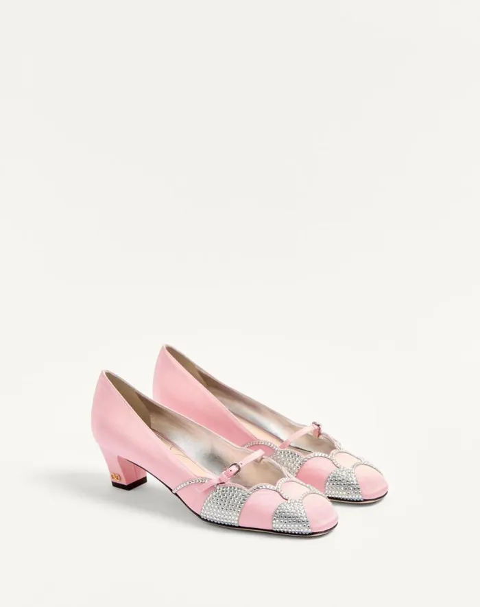 Valentino Pumps Woman Bowow Pumps In Moir Fabric With Crystals 45mm For Woman In Blacksilver Blacksilver Valentino Pumps Woman Bowow Pumps In Moir Fabric With Crystals 45mm For Woman In Blacksilver Blacksilver